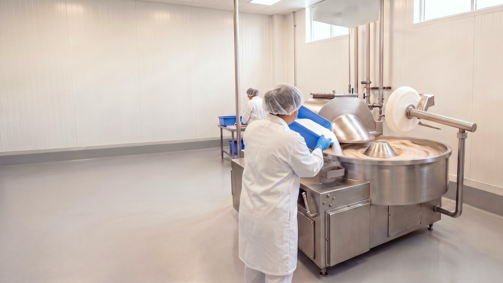 An operator adds an ingredient to a stainless mixer in a bright processing room, watched by a camera on the ceiling