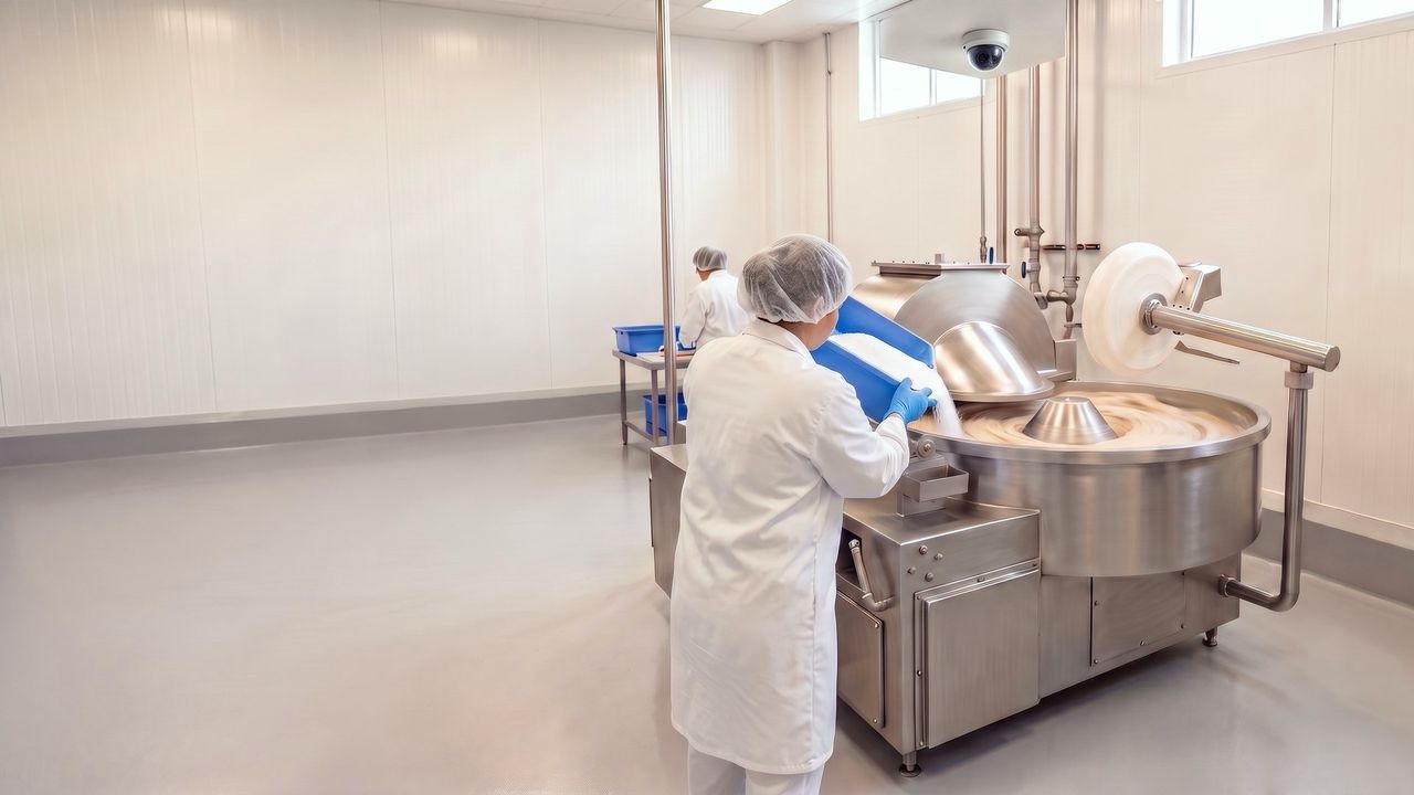 An operator adds an ingredient to a stainless mixer, with a camera on the ceiling